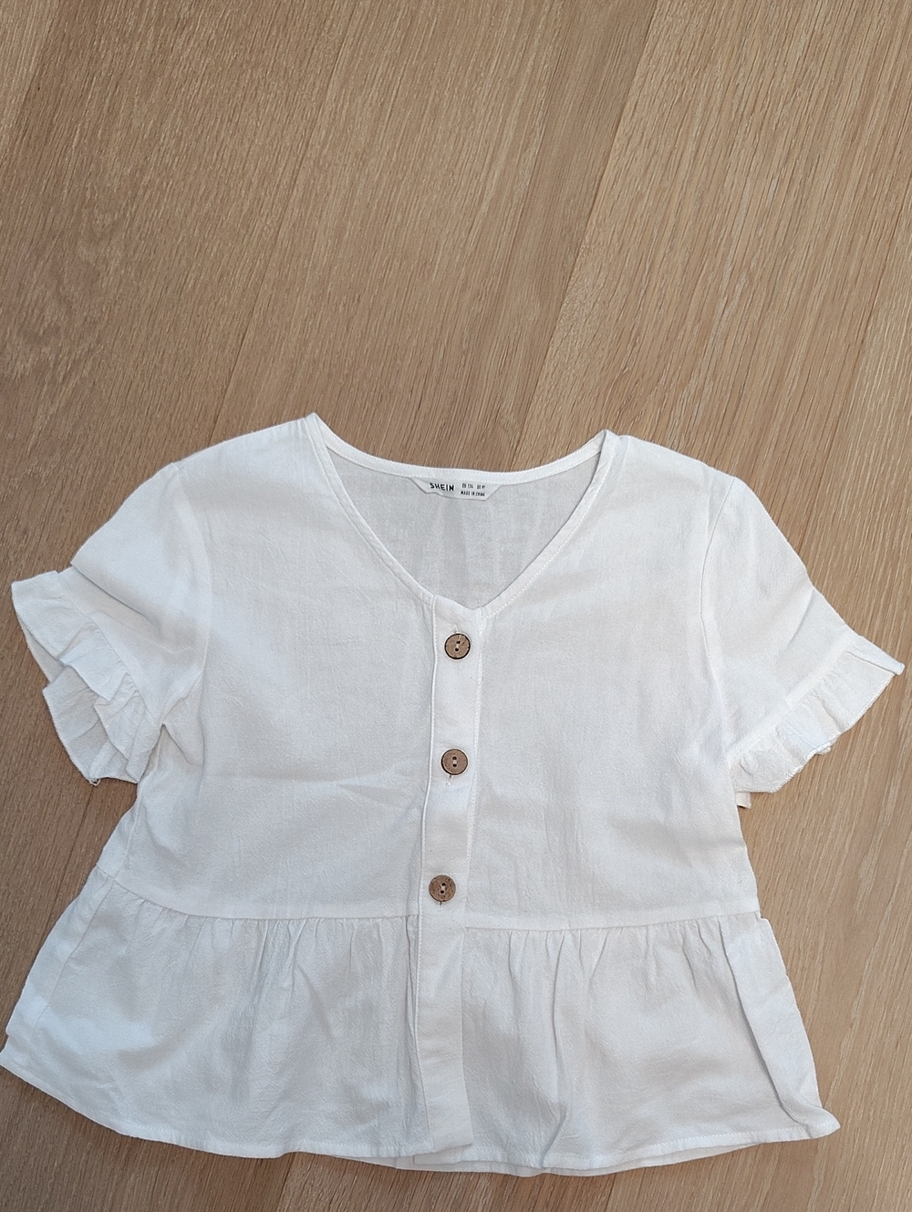 SHEIN White Button-Front Peplum Ruffle Sleeve Top